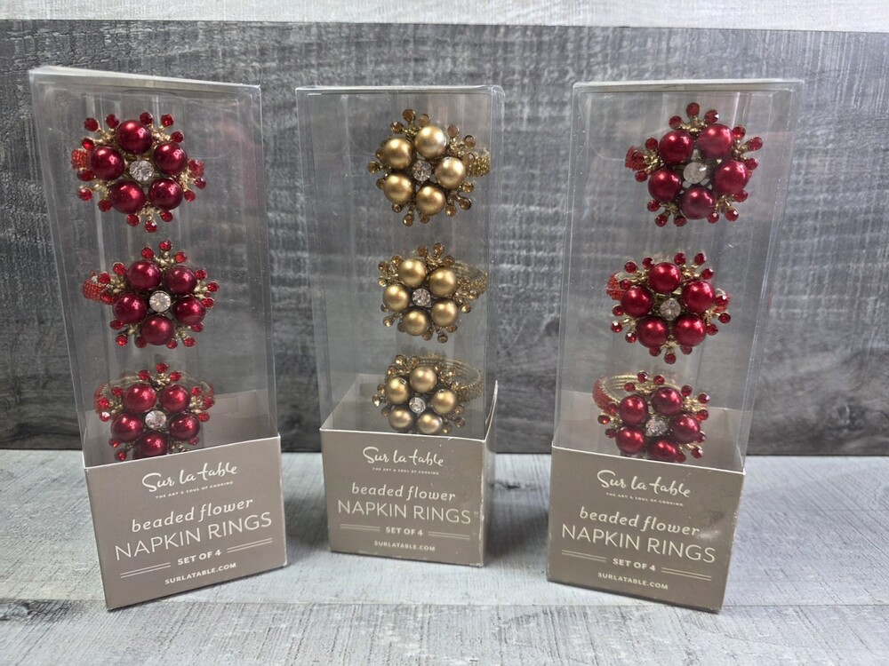 Sur La Table Napkin Rings Beaded Flower Red Gold Lot Of 12 New in Box b202
